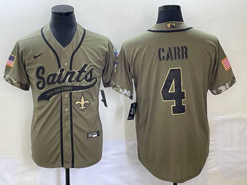 Mens New Orleans Saints #4 Derek Carr Olive 2022 Salute To Service Cool Base Stitched Baseball Jersey